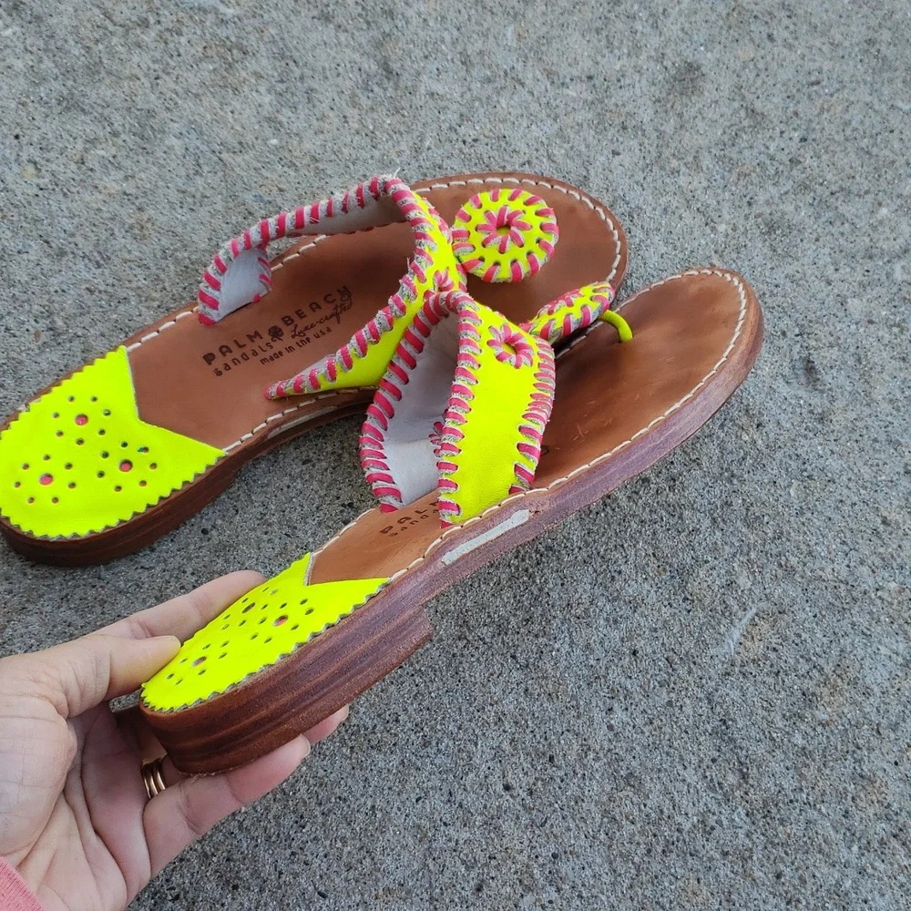 Palm Beach Handmade Leather Neon Green Pink Sandals Size 8 Beachy Tropical USA - Picture 14 of 16